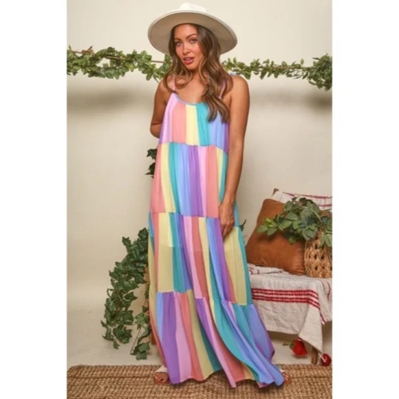 CLEARANCE Rainbow Colorful Multi Bright Striped Tiered Tie Shoulder Maxi Dress - Picture 4 of 7
